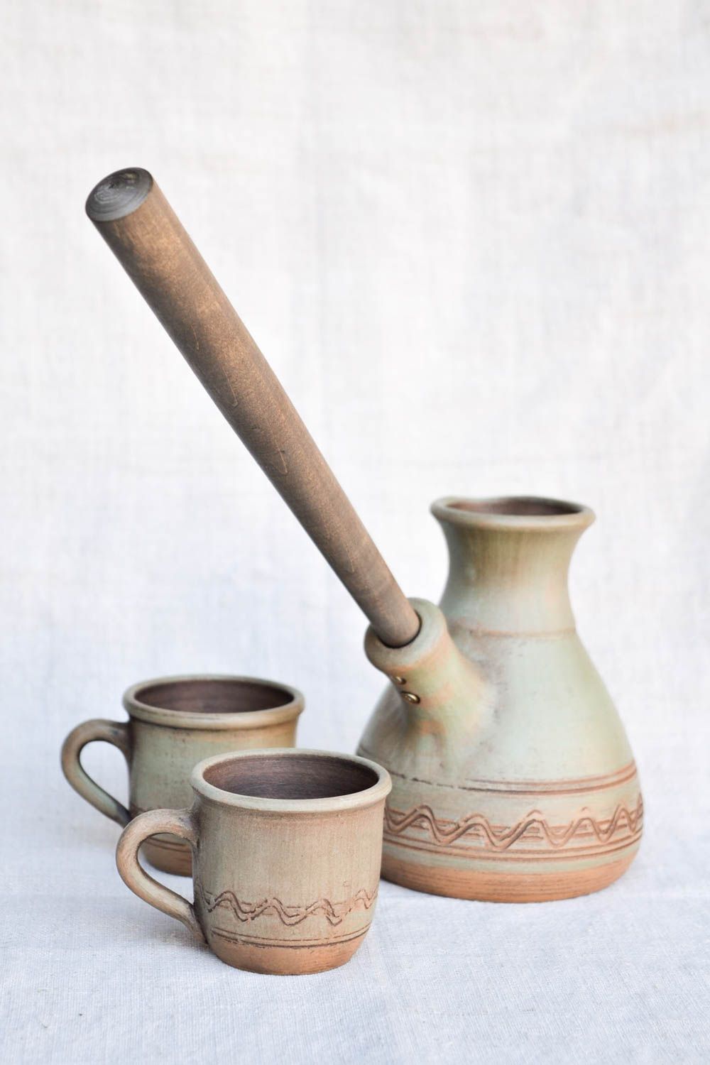 Handmade ceramic cezve 2 clay coffee cups pottery works kitchen supplies photo 5