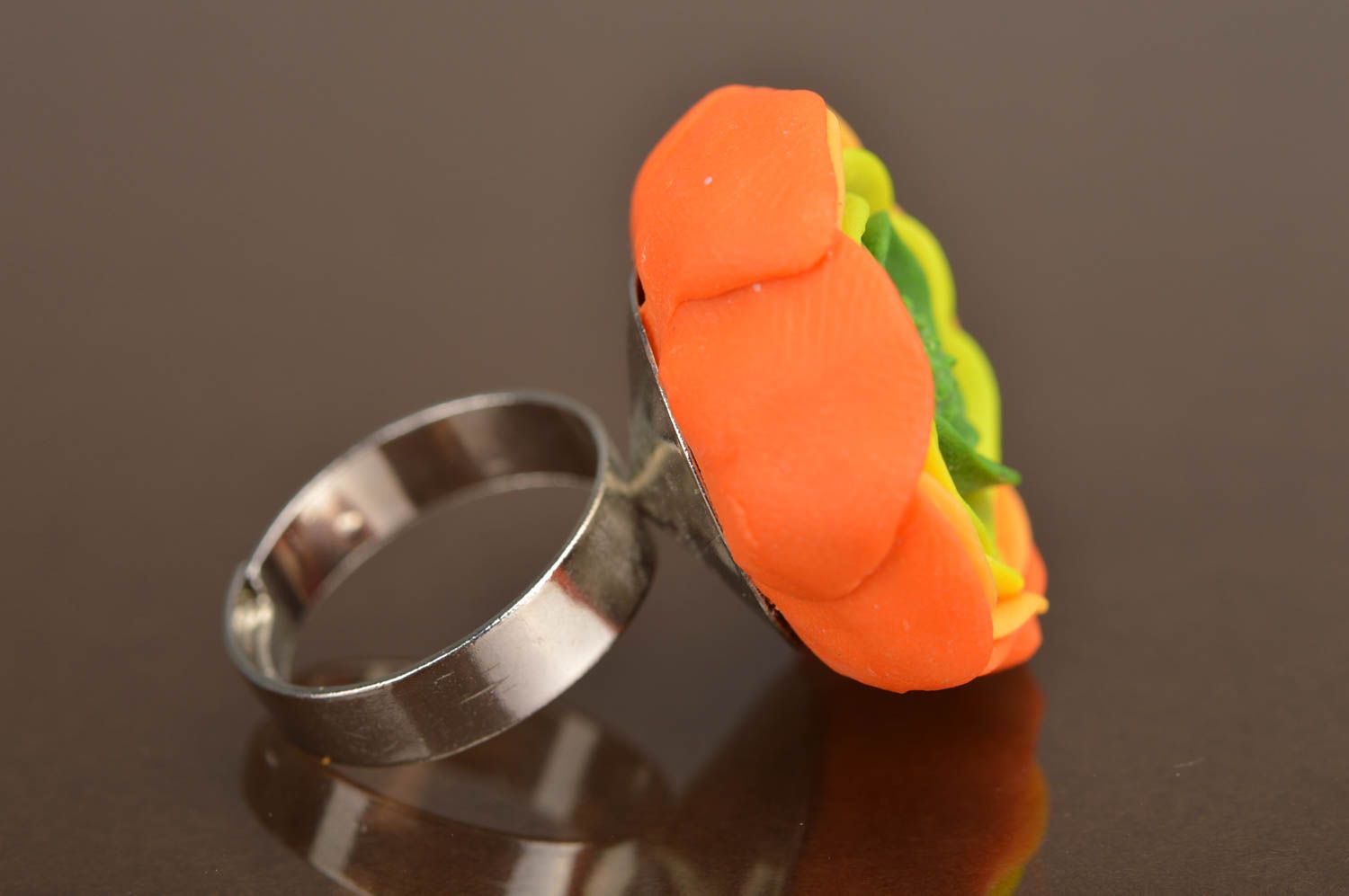 Handmade unique colorful ring made of polymer clay in form of an orange peony photo 4