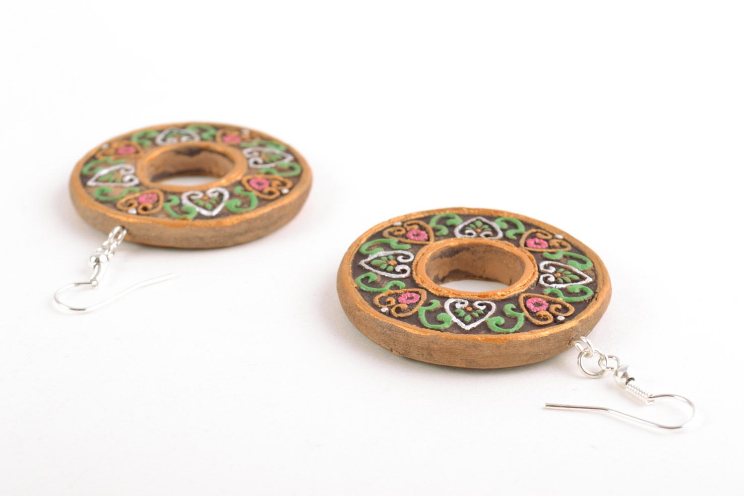 Handmade ring-shaped ceramic dangling earrings painted with festive ornaments photo 4