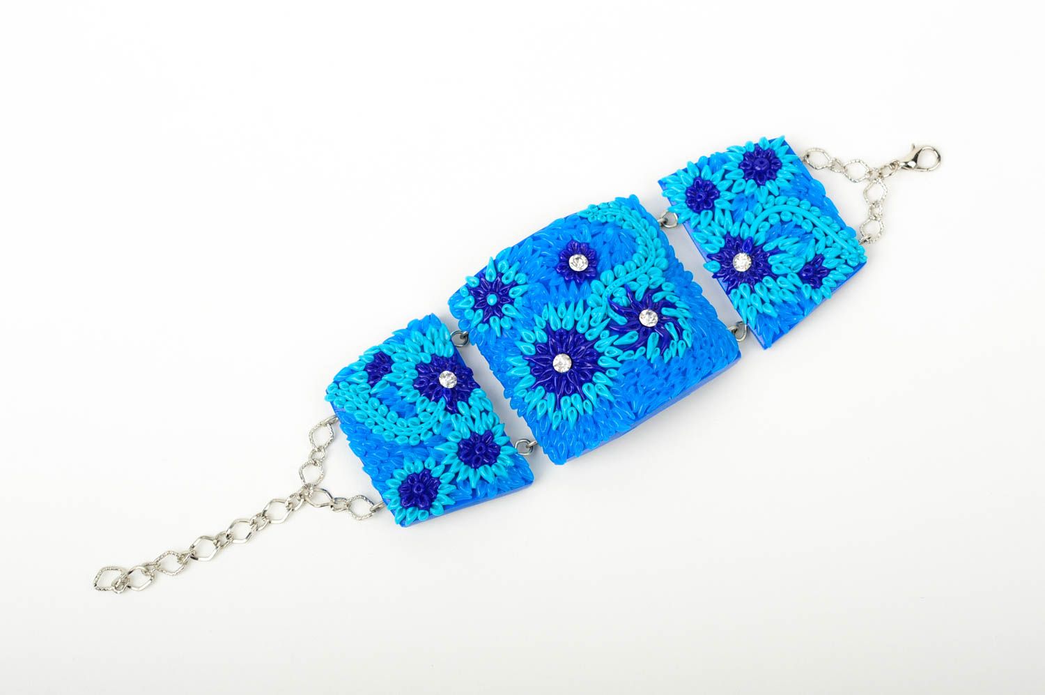 Bracelet bleu Bijou fait main large pâte polymère design floral Cadeau femme photo 4