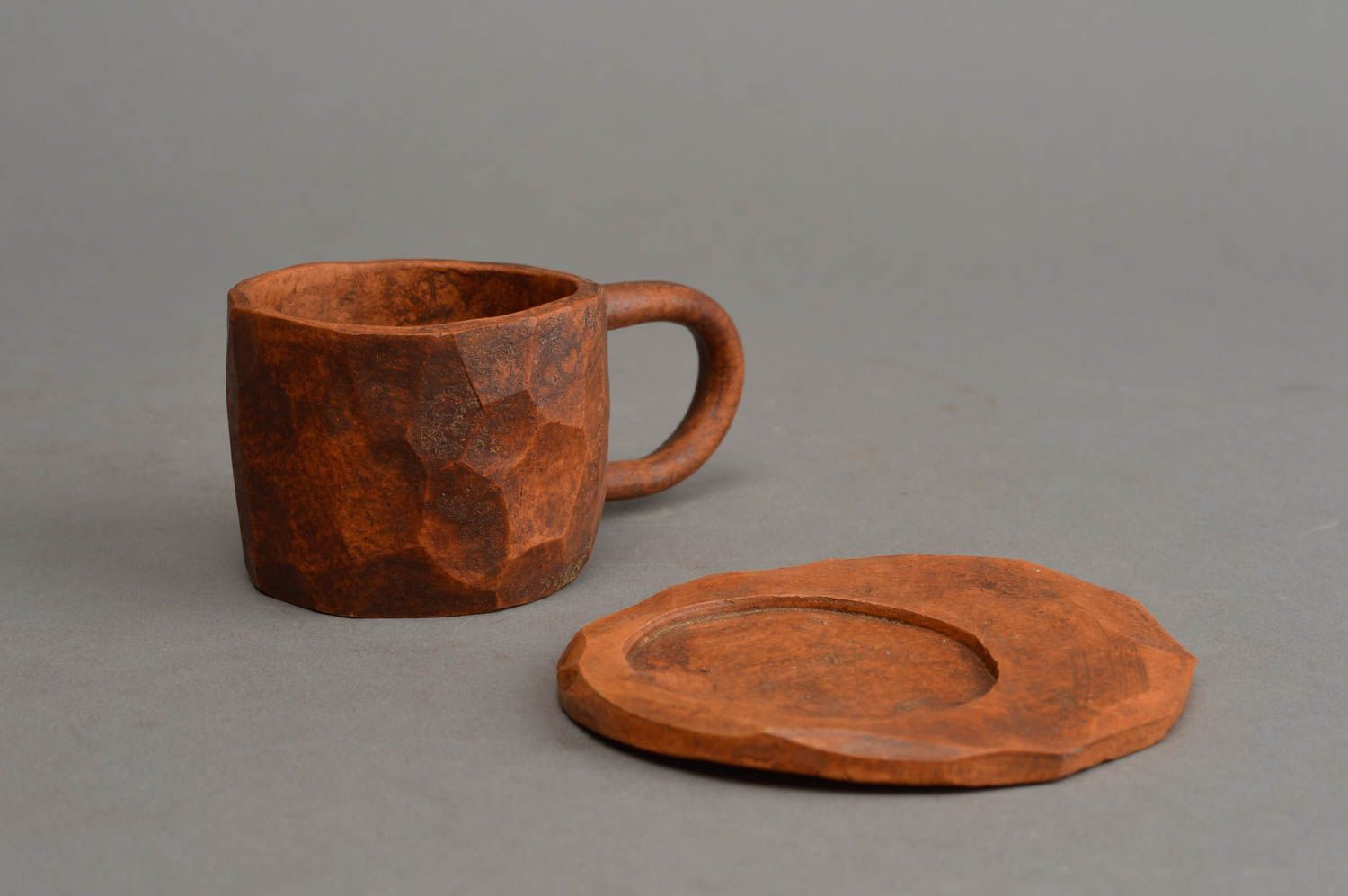Natural clay cup with handle and saucer 0,29 lb photo 3