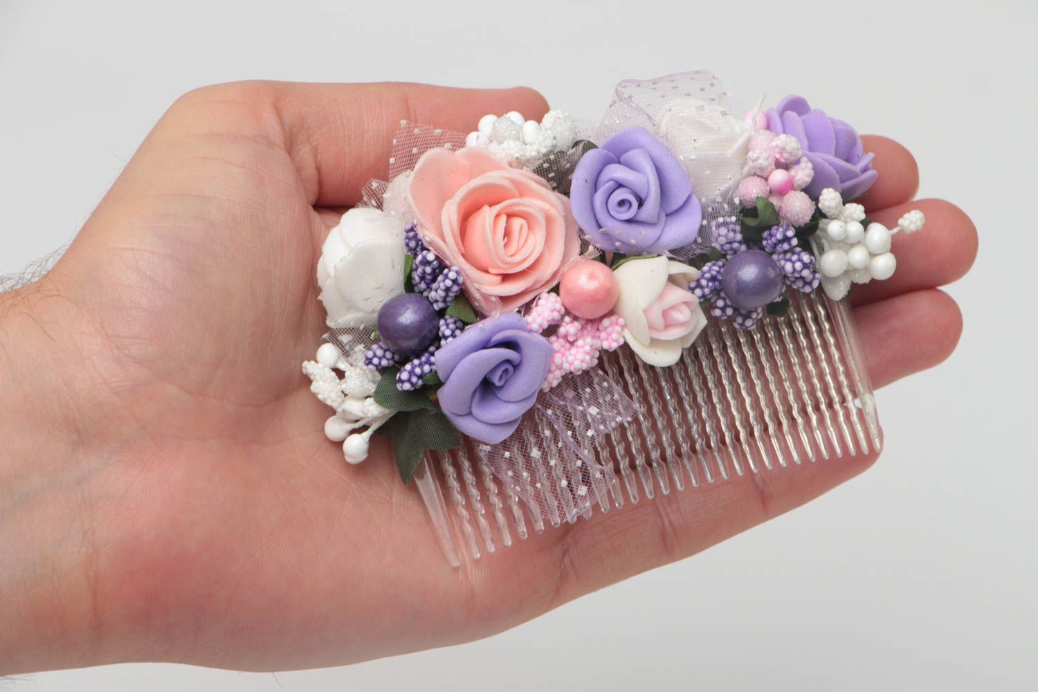 Schöner Haarkamm mit Rosen originell bunt grell handmade Schmuck für Frauen foto 5