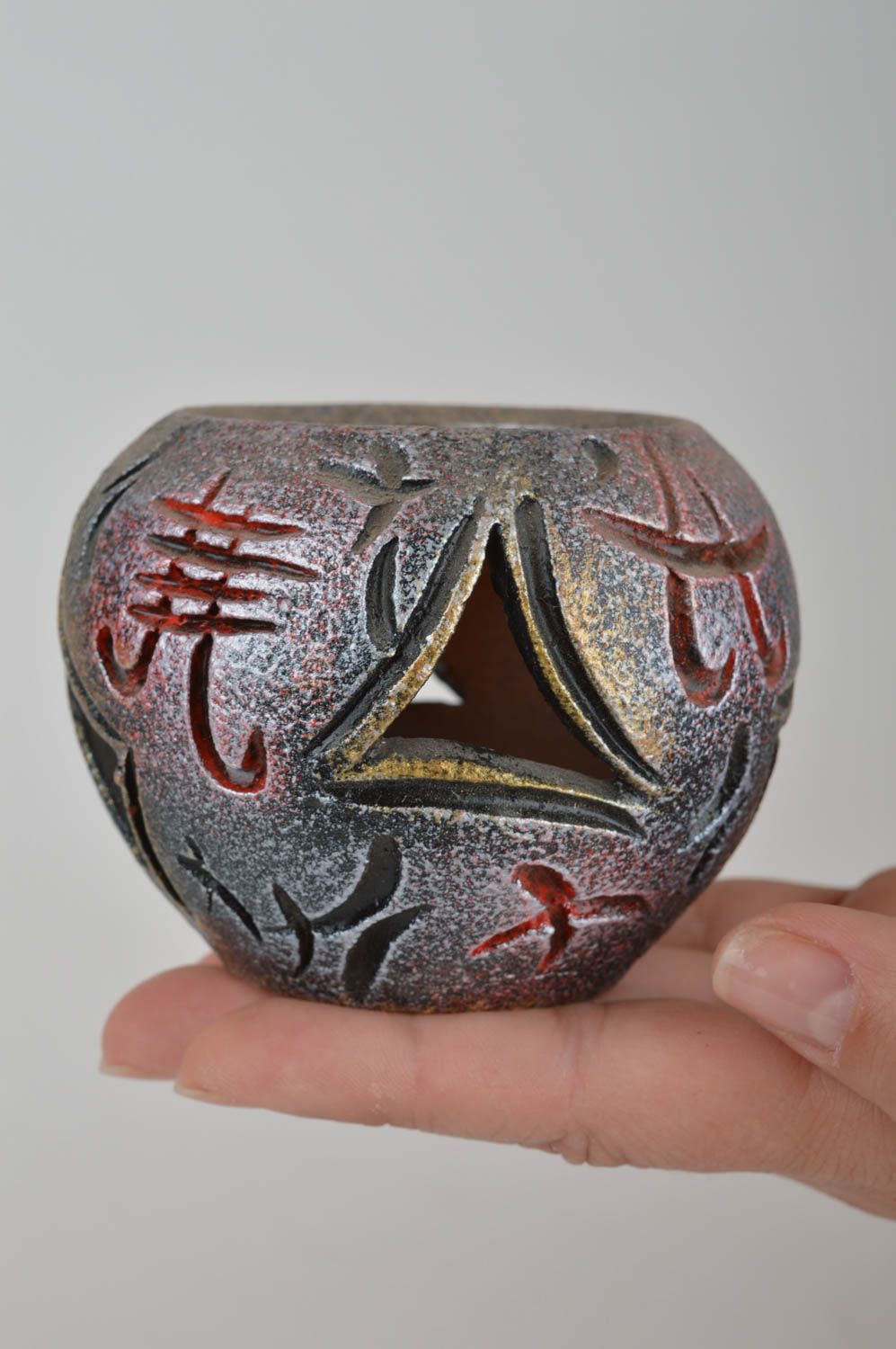 Глиняный подсвечник с росписью красками по керамике хэнд мэйд в японском стиле фото 3