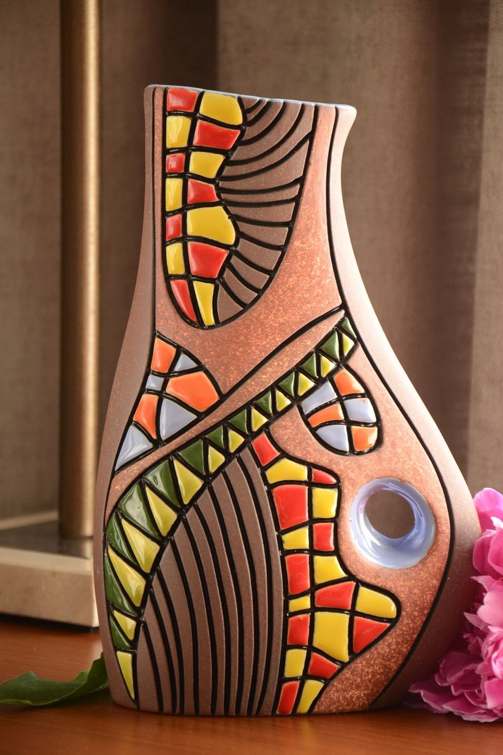 Dekorative Vase aus Ton mit Griff mit Bemalung 2L künstlerische Handarbeit foto 1