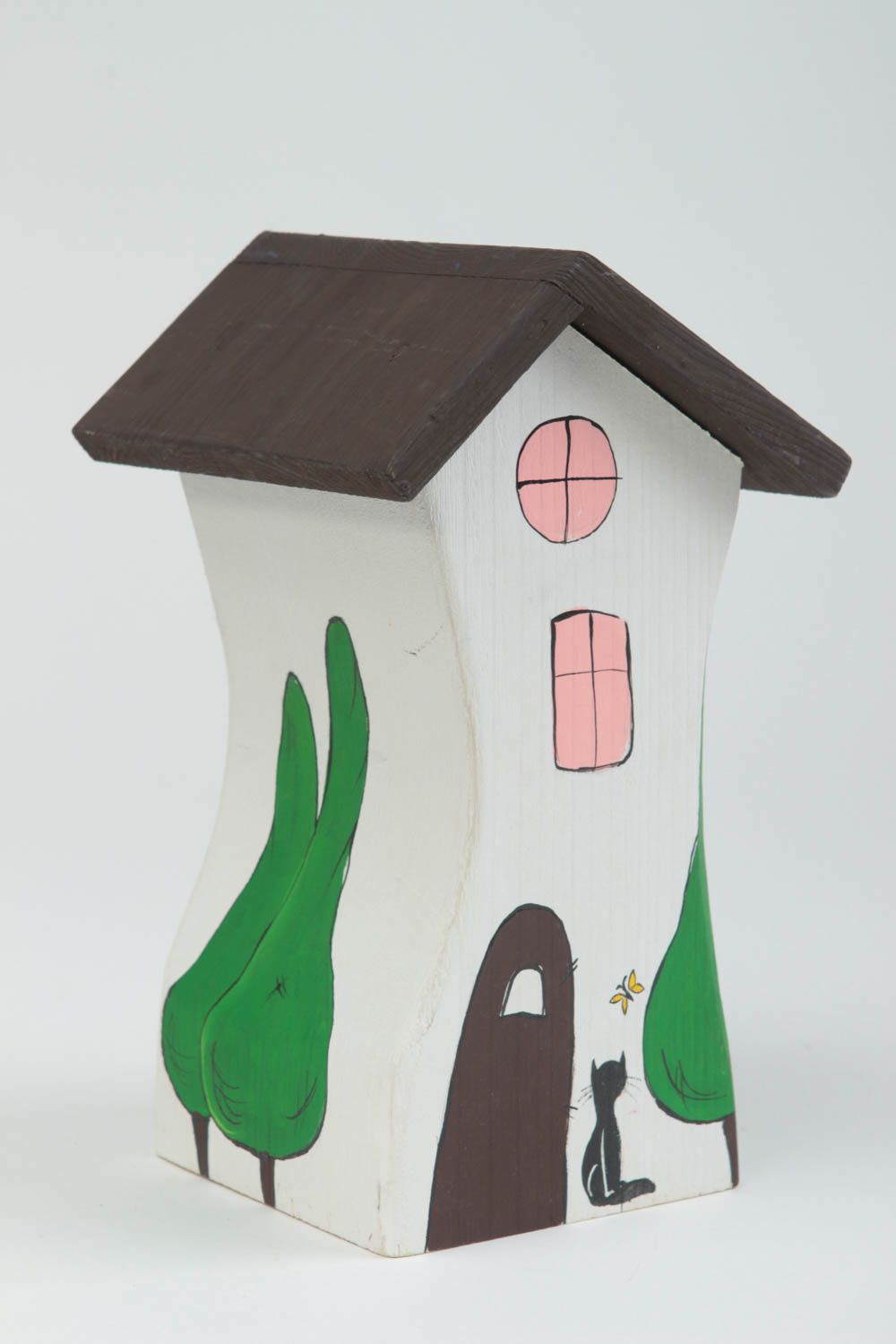 Handmade Holz Haus dekorative Statuette Wohnzimmer Deko Tisch Deko bemalt klein foto 2