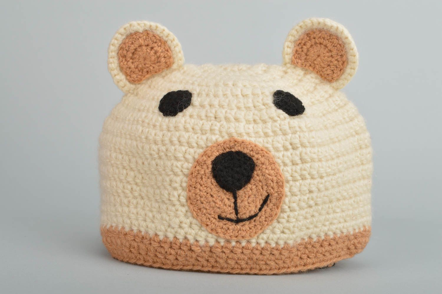 Crocheted beautiful unusual cute cap brown bear on strings 370 mm for kids photo 1