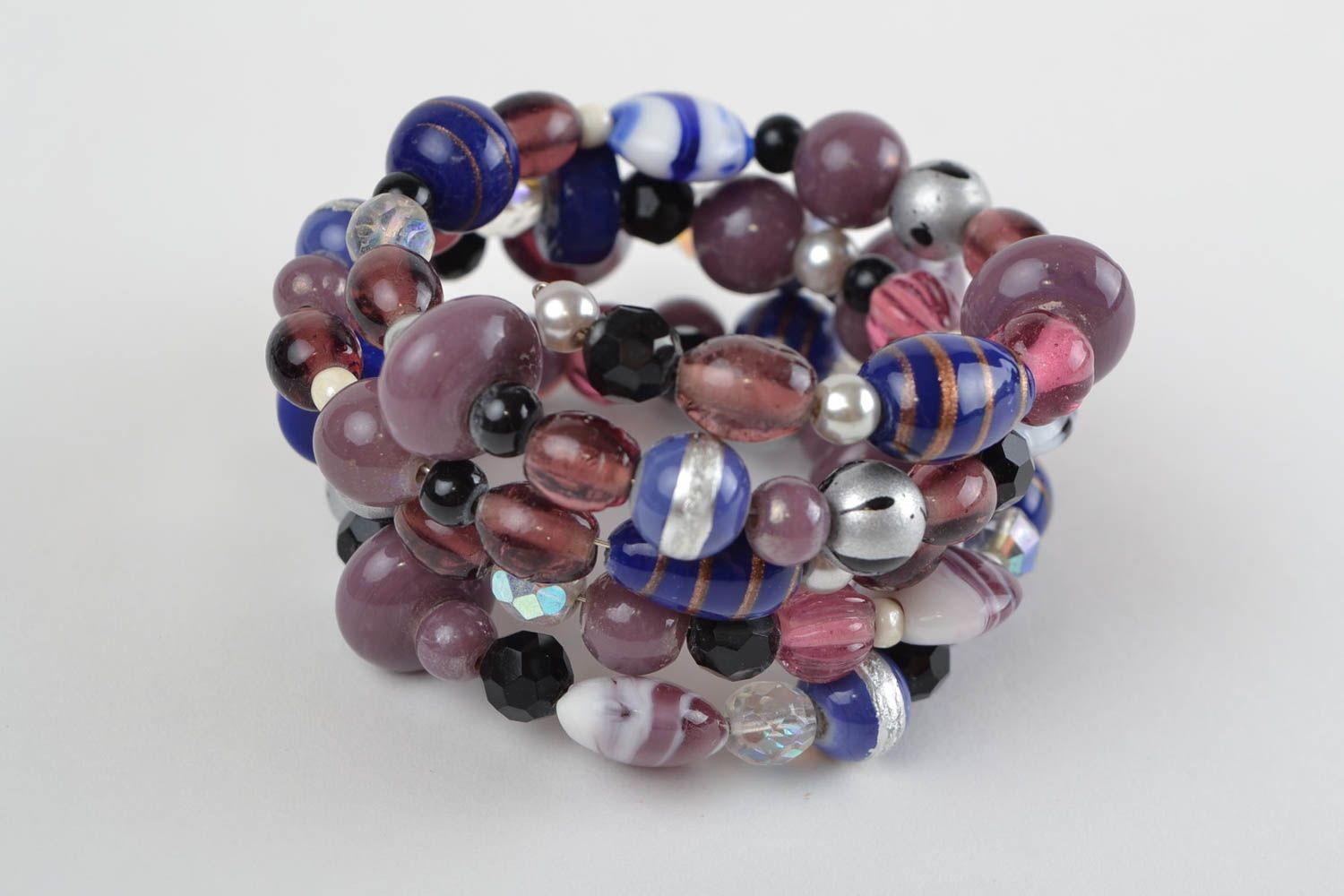 Handmade multi row wrist bracelet with glass beads in blue and violet colors photo 5