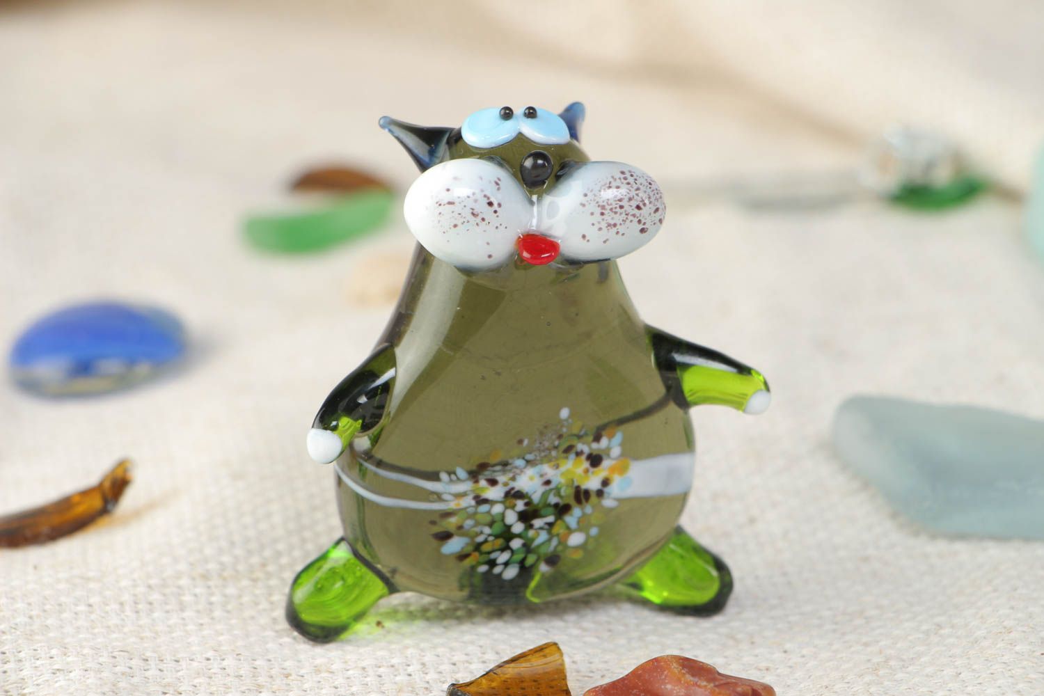 Handmade miniature collectible lampwork glass animal figurine of funny cat photo 1