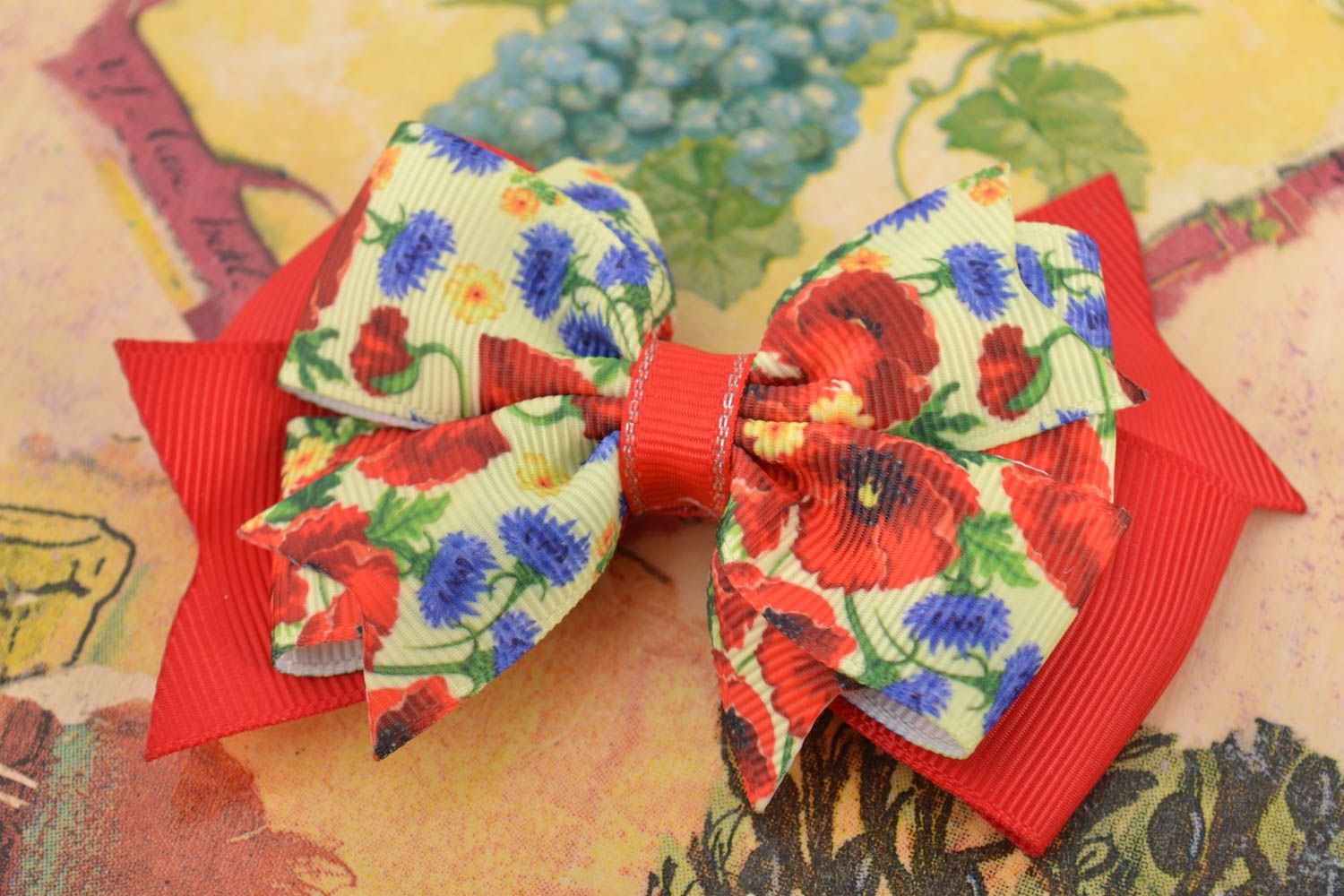 Noeud en rubans pour barrette et broche fait main original rouge tissu floral photo 1