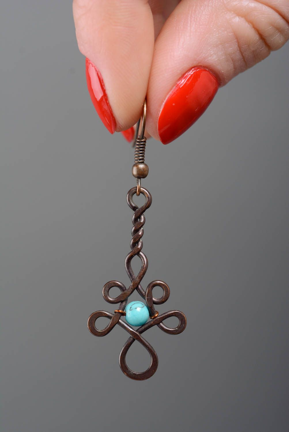 Long handmade earrings made of copper using wire wrap technique with artificial turquoise photo 3