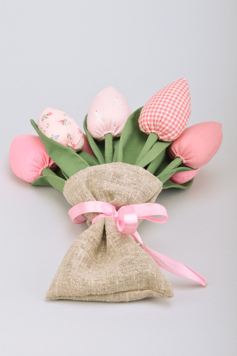 Bouquet of handmade tender pink artificial tulip flowers sewn of fabric 9 items  photo 2