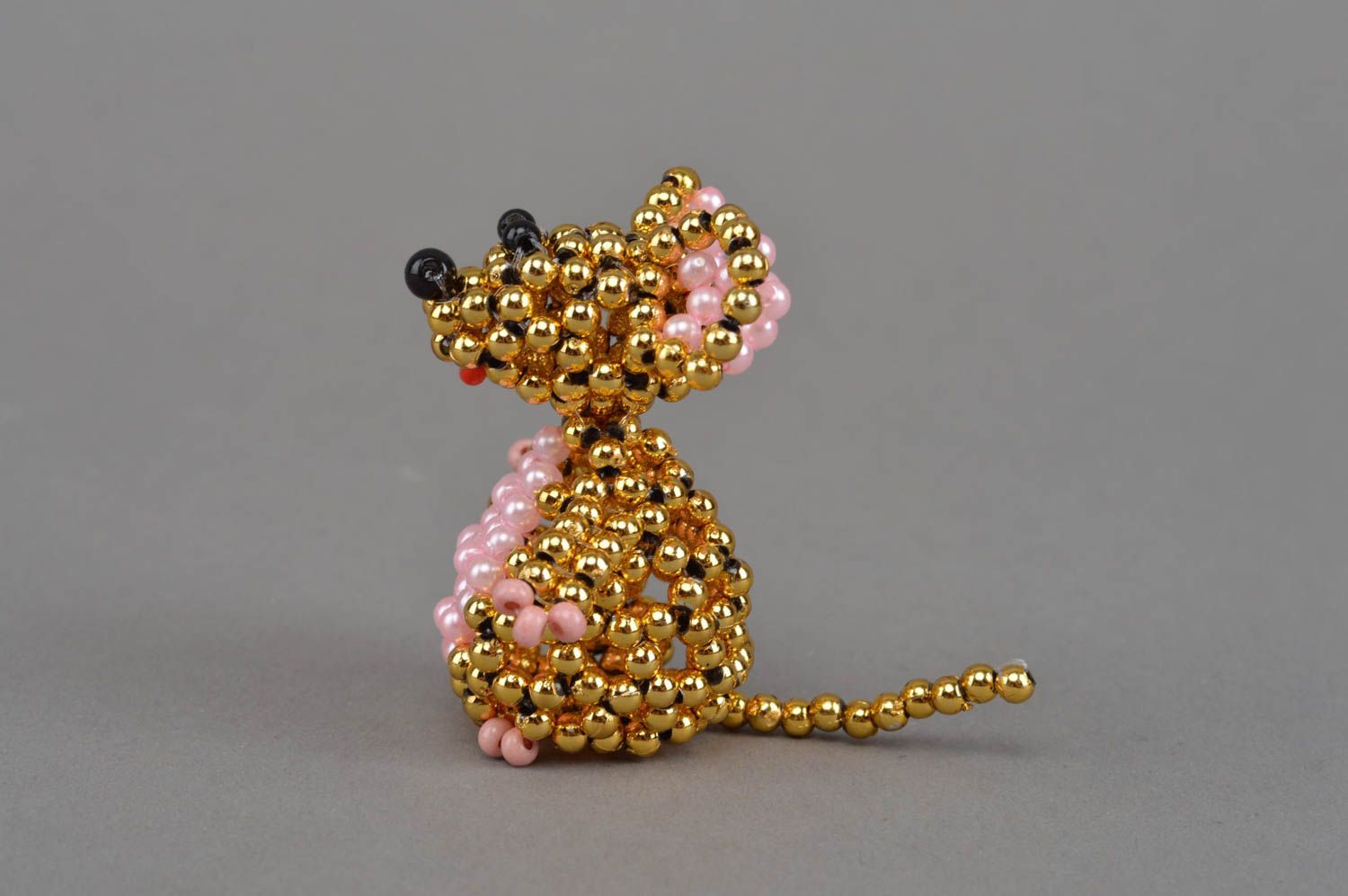 Handmade miniature collectible bead woven animal figurine of golden mouse photo 4
