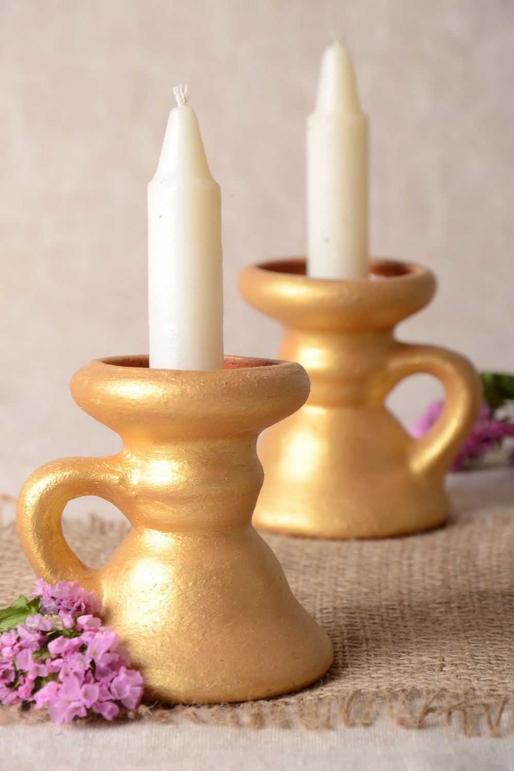 Bemalte Kerzenhalter Set 2 Stück aus Töpferton originell handgemacht schön foto 1