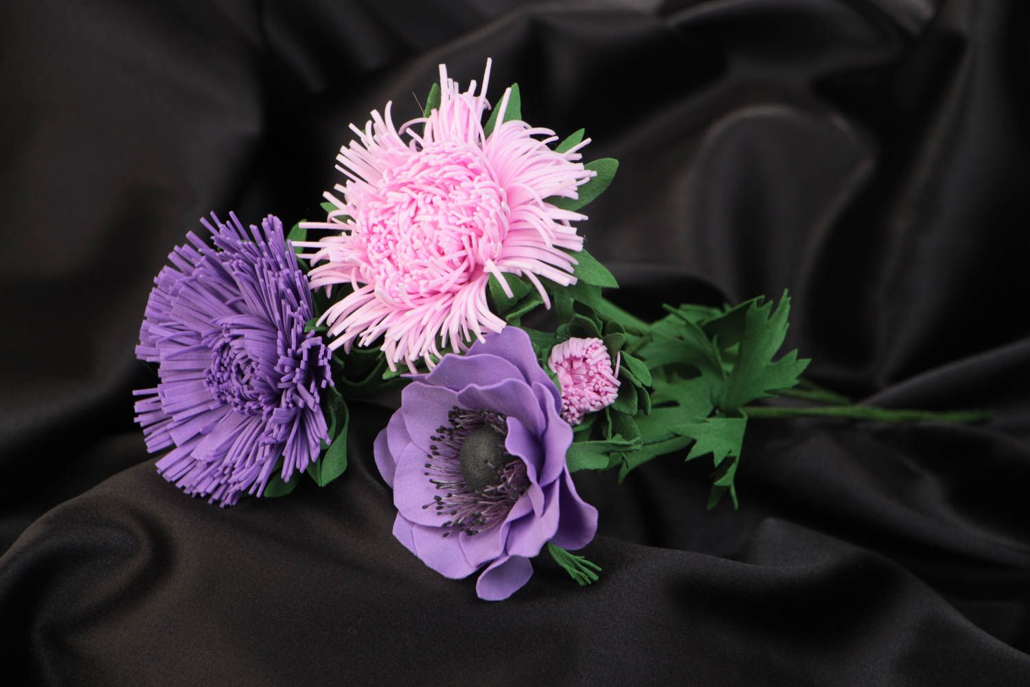 Bouquet of handmade artificial foamiran violet and pink poppy and aster flowers  photo 1