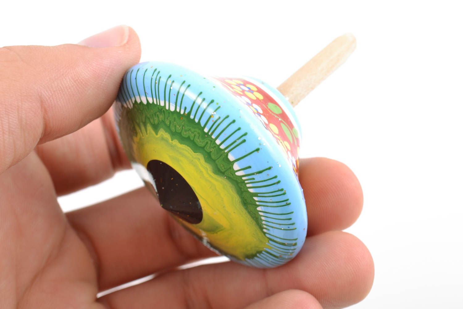Handmade small wooden spinning top toy painted brightly with eco dyes for kids photo 2