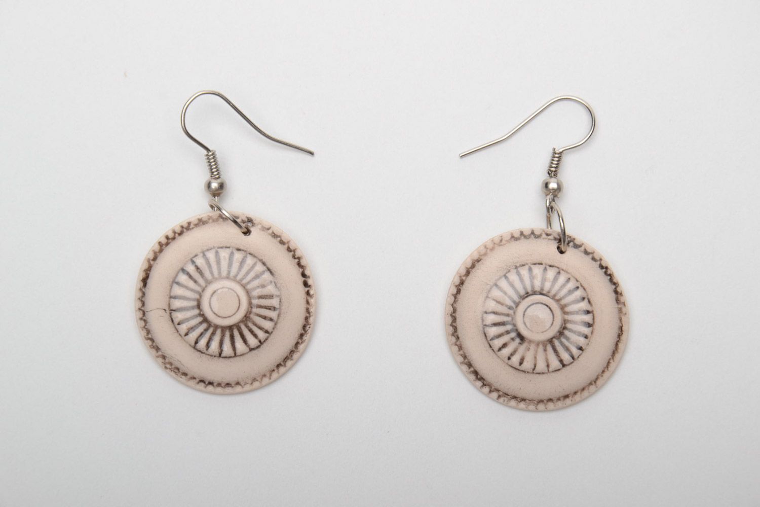Small handmade beige round ceramic earrings in ethnic style for women photo 5