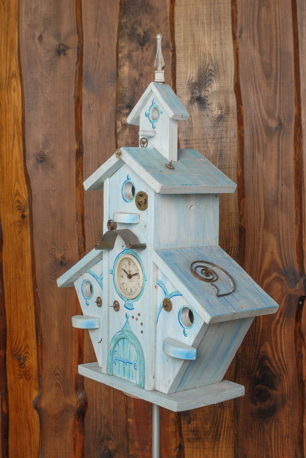 Maisonnette pour oiseaux en bois faite main originale bleue Château d'hiver photo 4