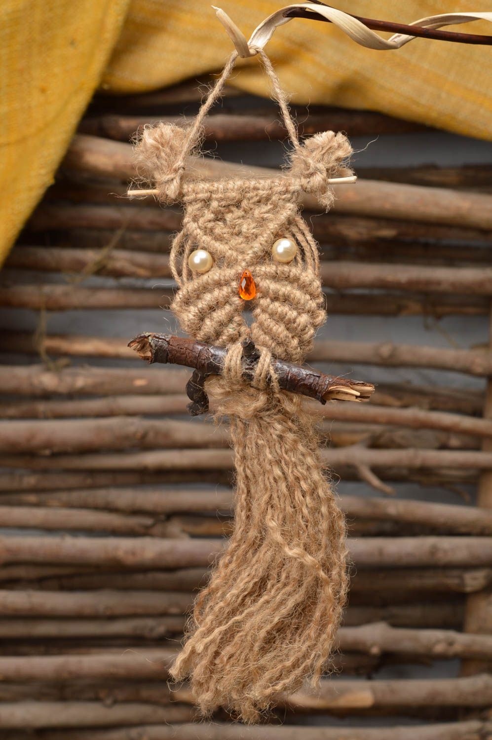 Cute picture owl macrame woven of twine on twig with eyelet for home decor photo 1