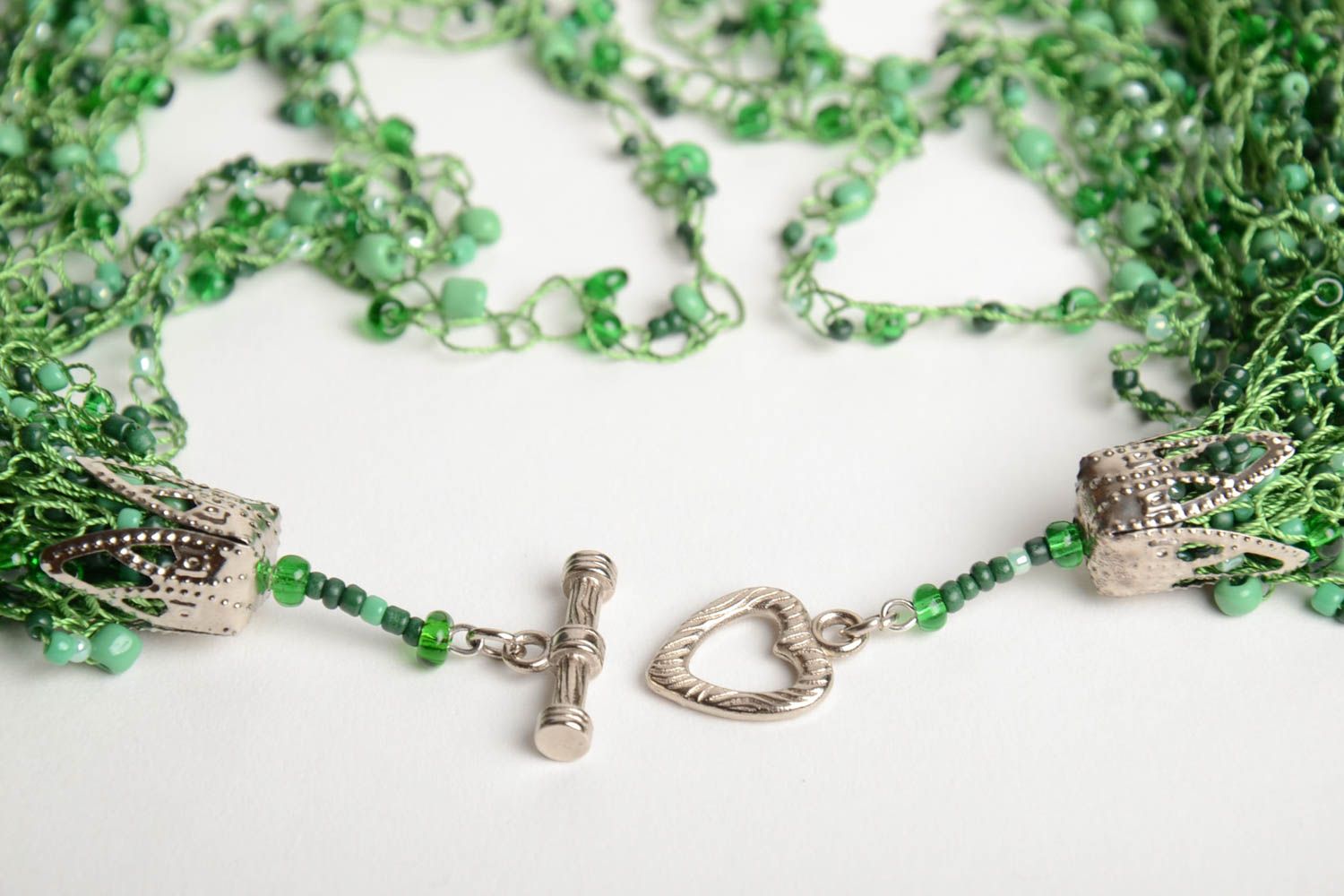 Handmade designer crocheted beaded necklace in green color palette for women photo 4