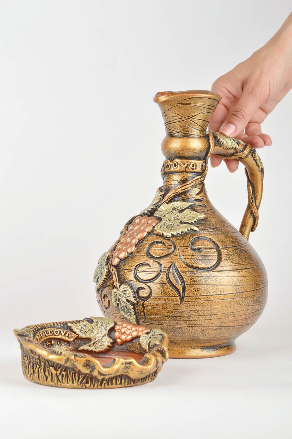Juego de cerámica botella de arcilla y cenicero artesanales marrones regalo  foto 3