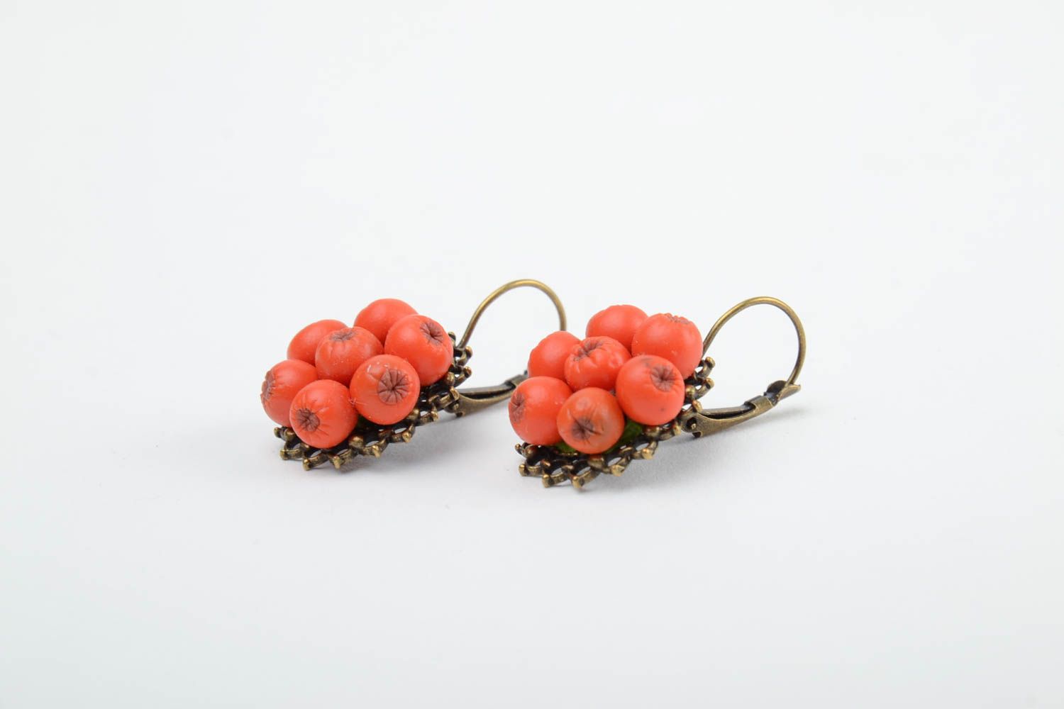 Handmade designer dangling earrings with cold porcelain berries of orange color photo 4