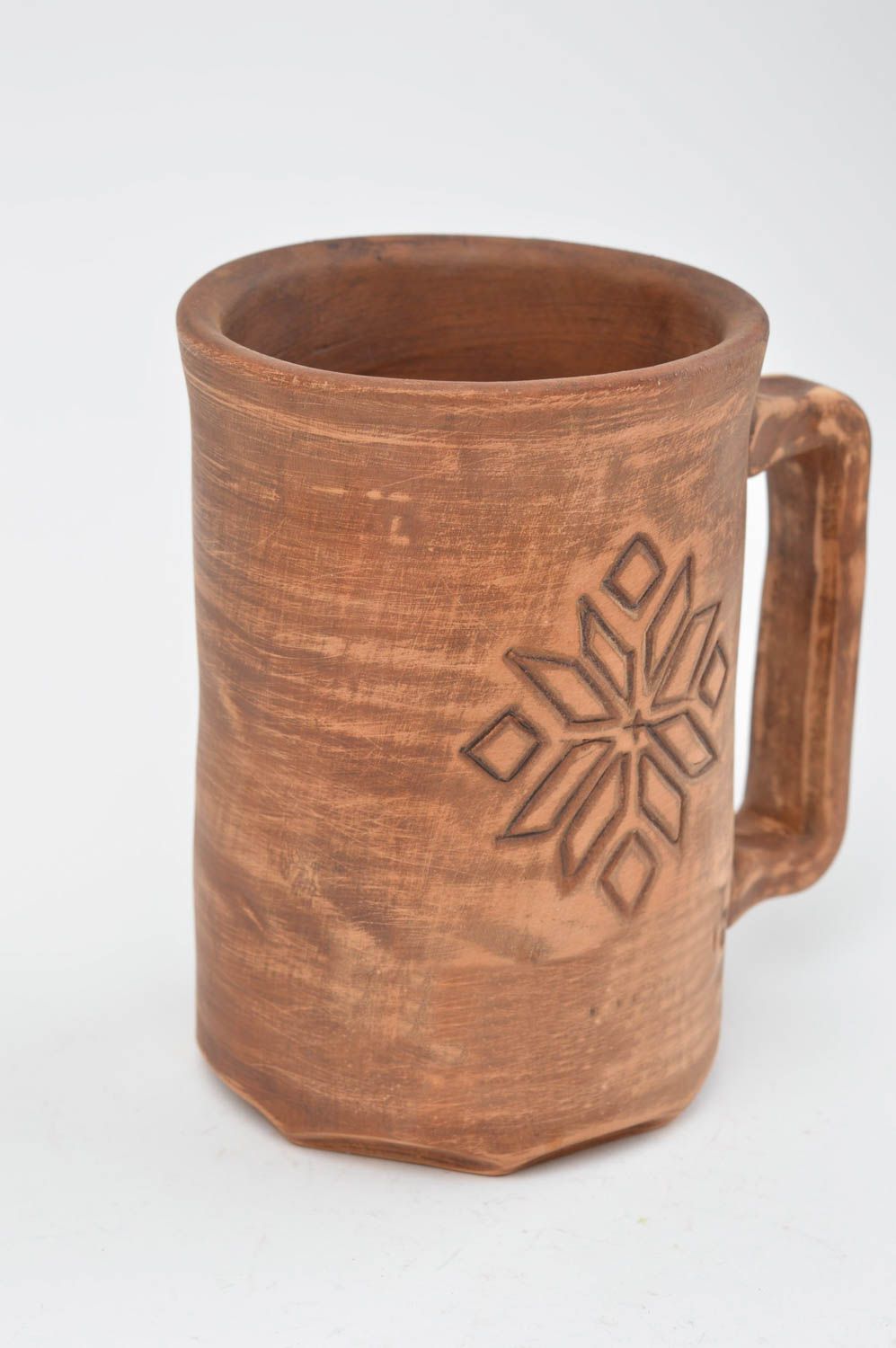 Clay tall handmade 8 oz coffee or tea cup with square handle and snow flake pattern photo 3