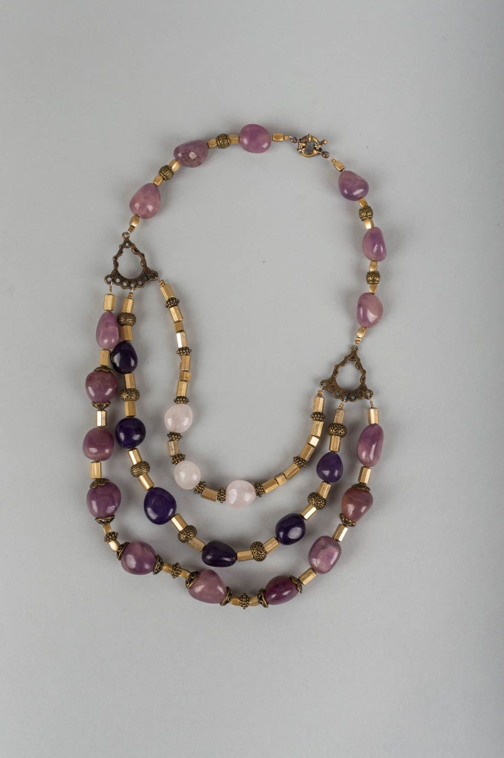 Handmade designer latten necklace with violet amethyst and quartz for women photo 2