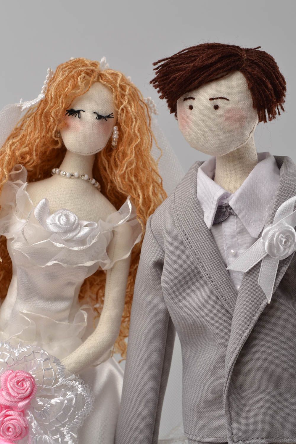 Set of 2 handmade designer fabric wedding soft dolls with stands bride and Groom photo 4
