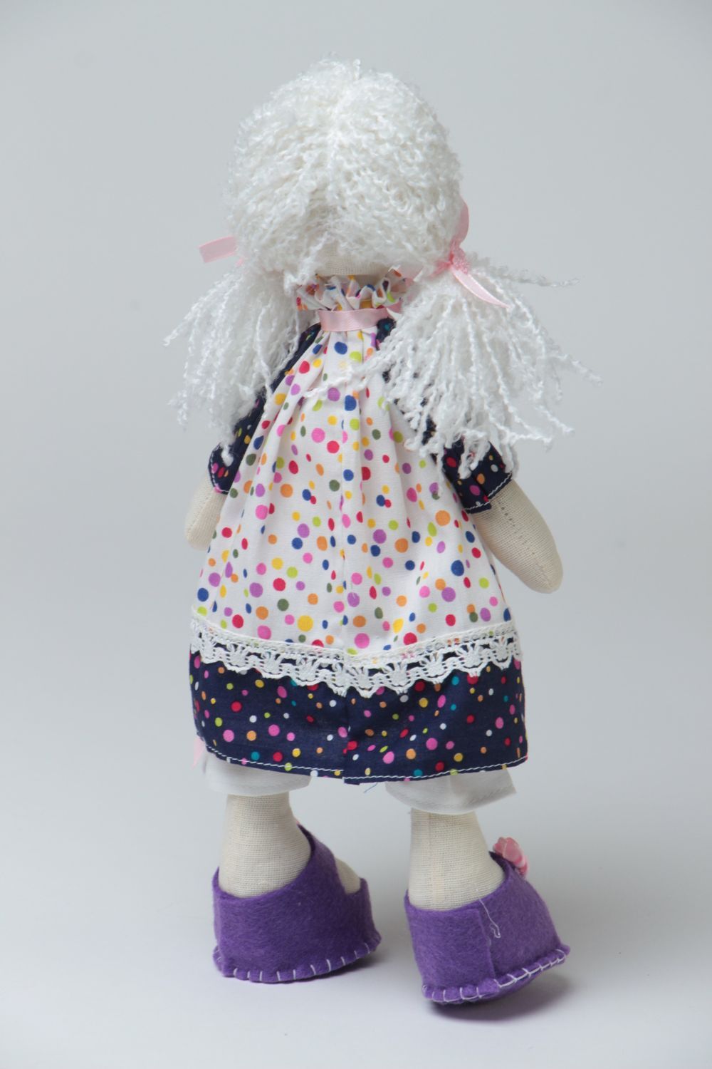Handmade designer cotton soft doll girl in polka dot dress and violet shoes photo 4