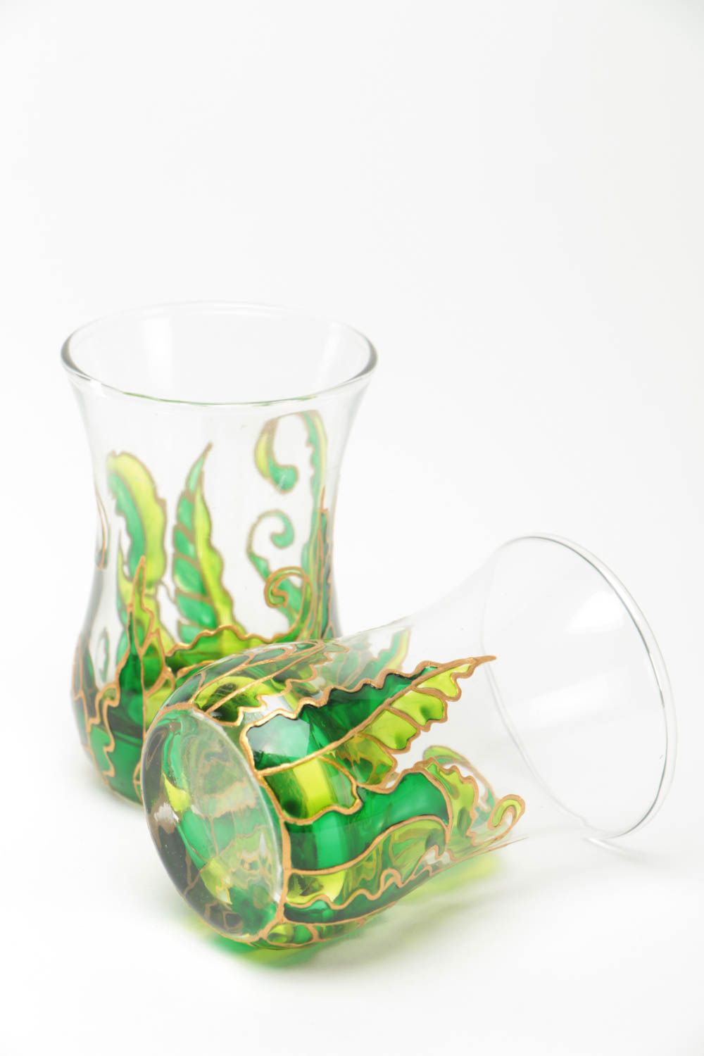 Ensemble de petits verres en verre peints à motif vert faits main 10 cl 2 pièces photo 4