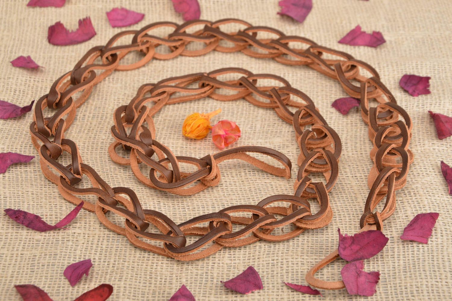 Handmade designer genuine leather women's woven belt of light brown color photo 1