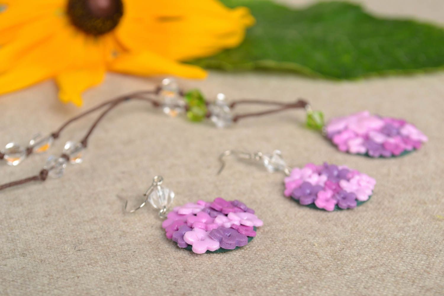 Flower jewelry handmade jewelry set dangling earrings pendant necklace gift idea photo 1
