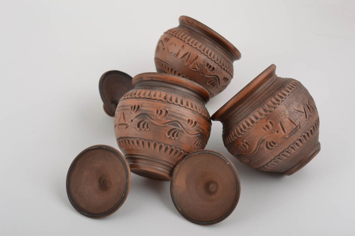 Beautiful handmade clay pots set 200 ml each sugar bowl honey pot and salt pot photo 3
