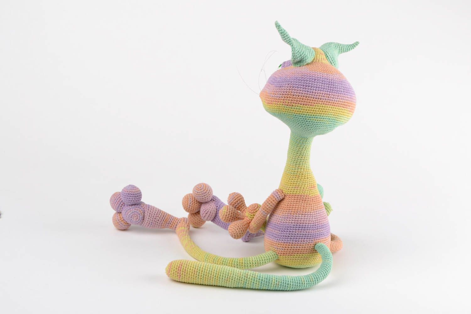 Handmade designer soft toy crocheted of acrylic threads cat of rainbow coloring photo 5