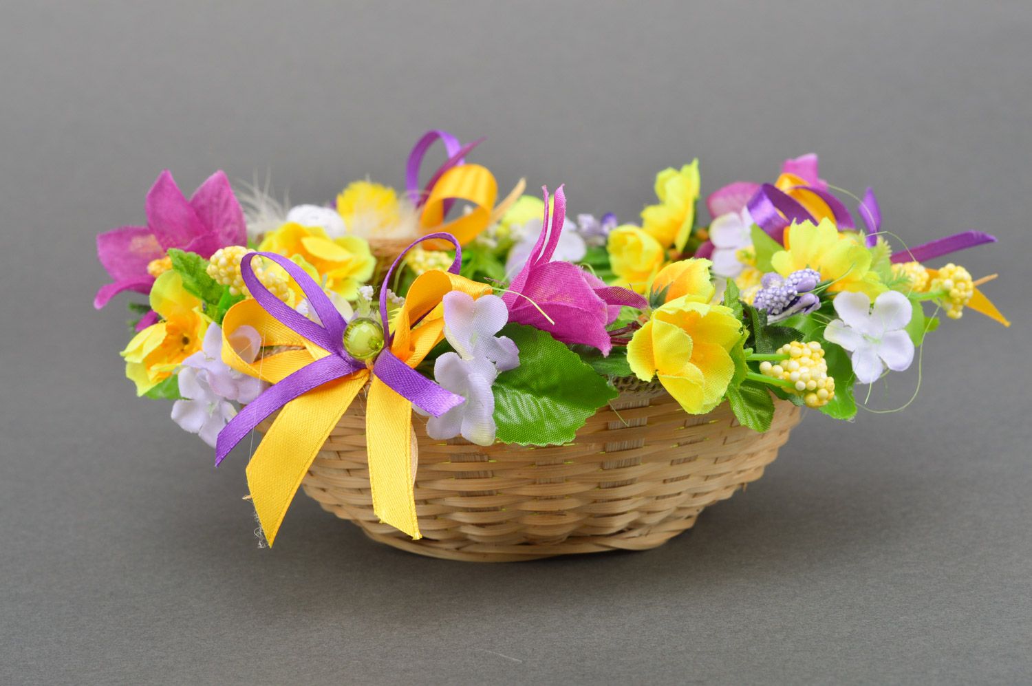 Handmade decorative woven Easter basket with flowers and chicken for desktop decor photo 2