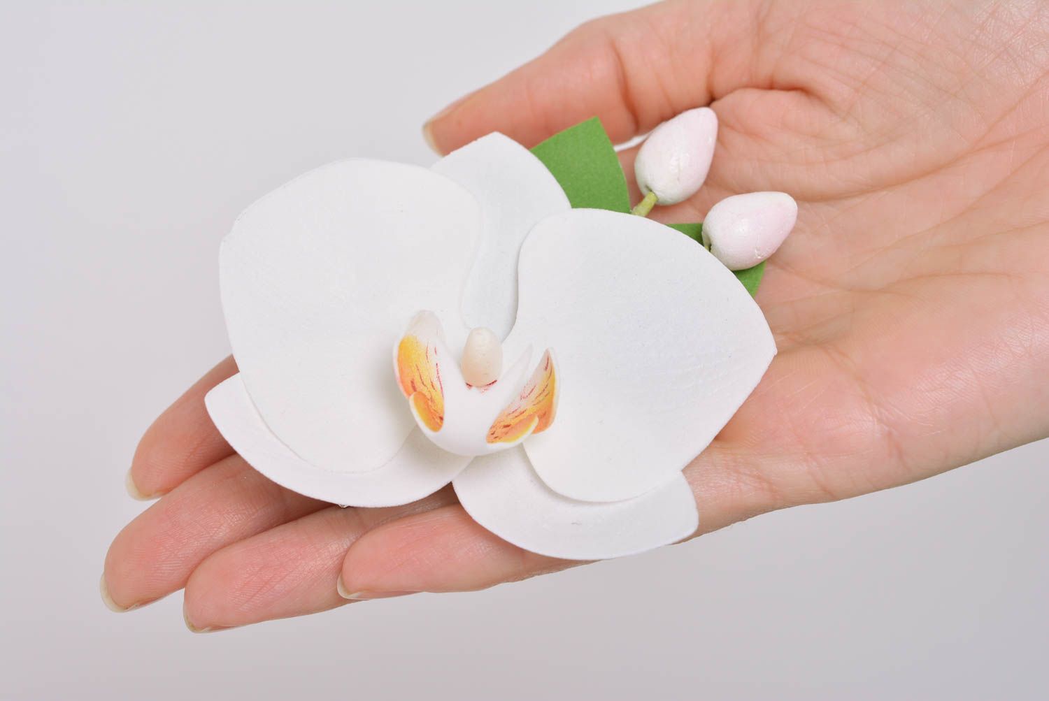 Designer hair clip brooch with handmade foamiran flower white orchid photo 3