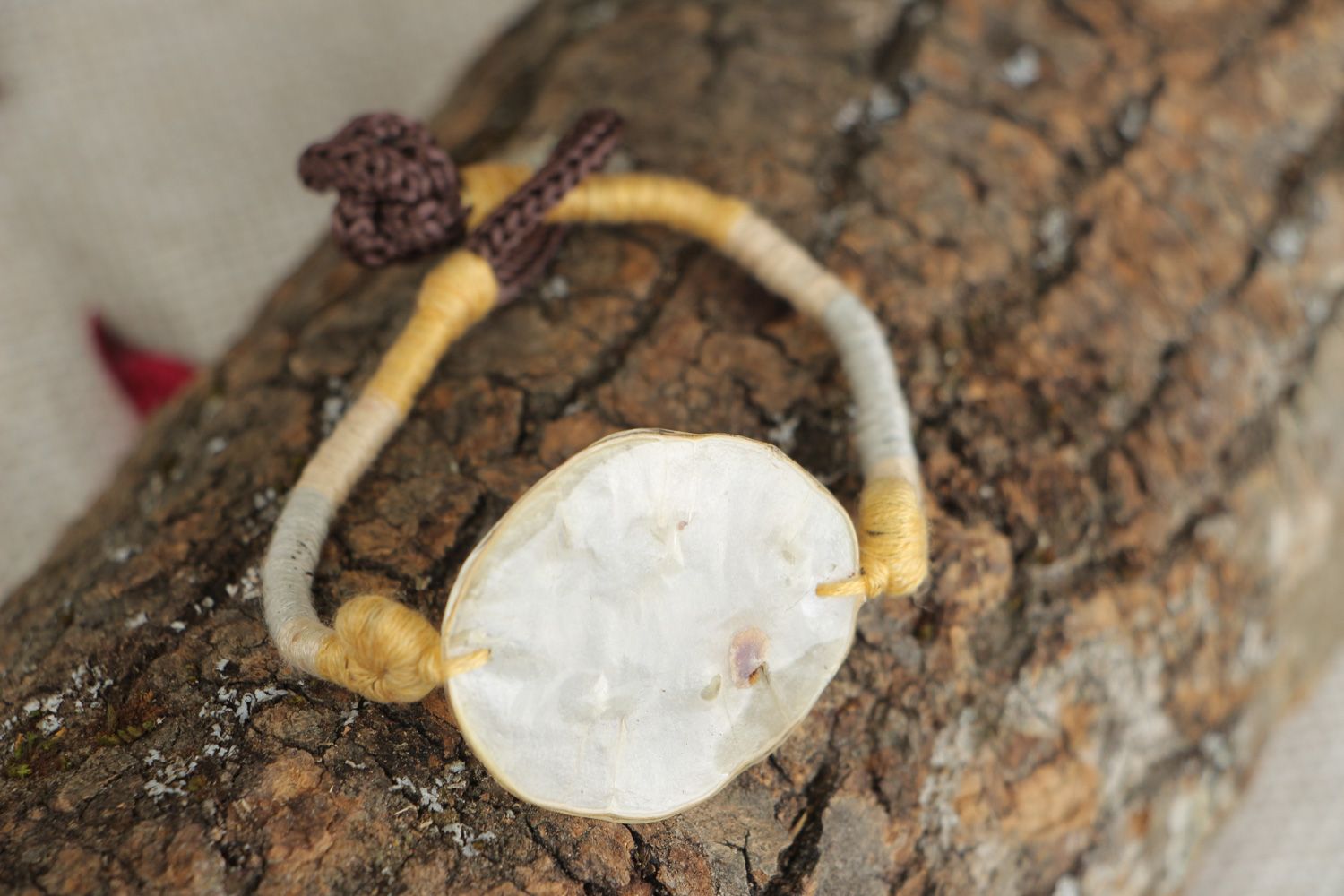 Handmade friendship bracelet with dried flowers coated with epoxy Lunaria photo 5