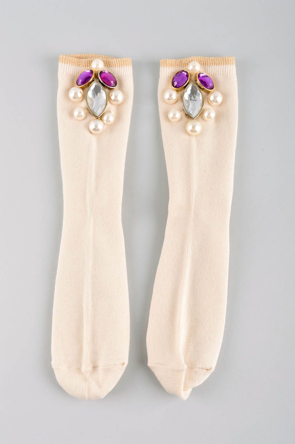 Socken Damen handmade Accessoire für Damen Frauen Geschenk mit Strass hellbeige foto 2
