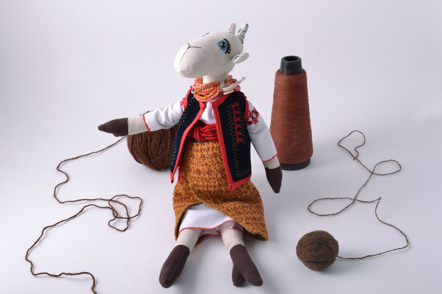 Handmade designer fabric soft doll Goat in national Ukrainian costume photo 1