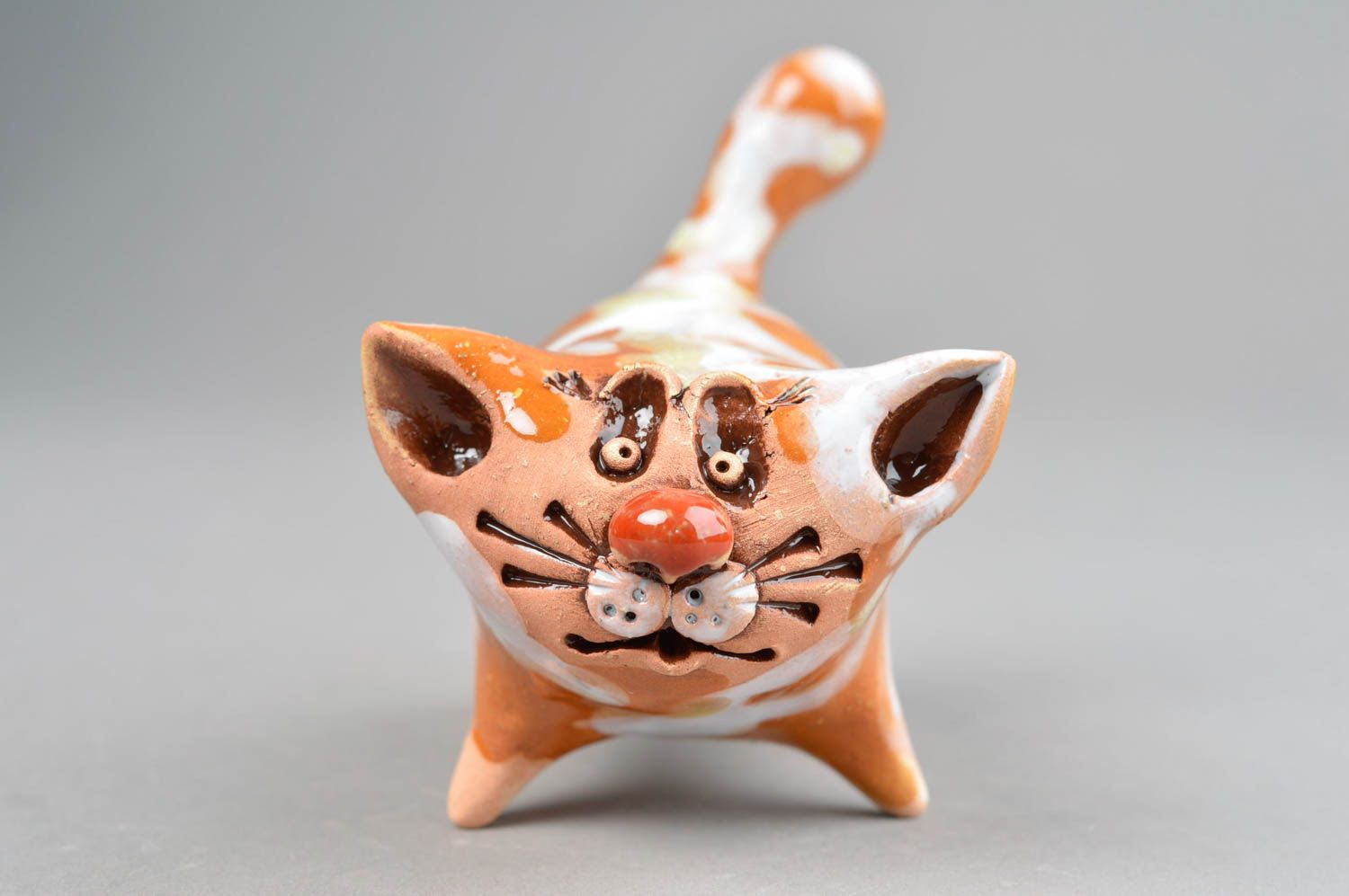 Figurine en argile peinte de glaçure colorée faite main Gros chat orange photo 3