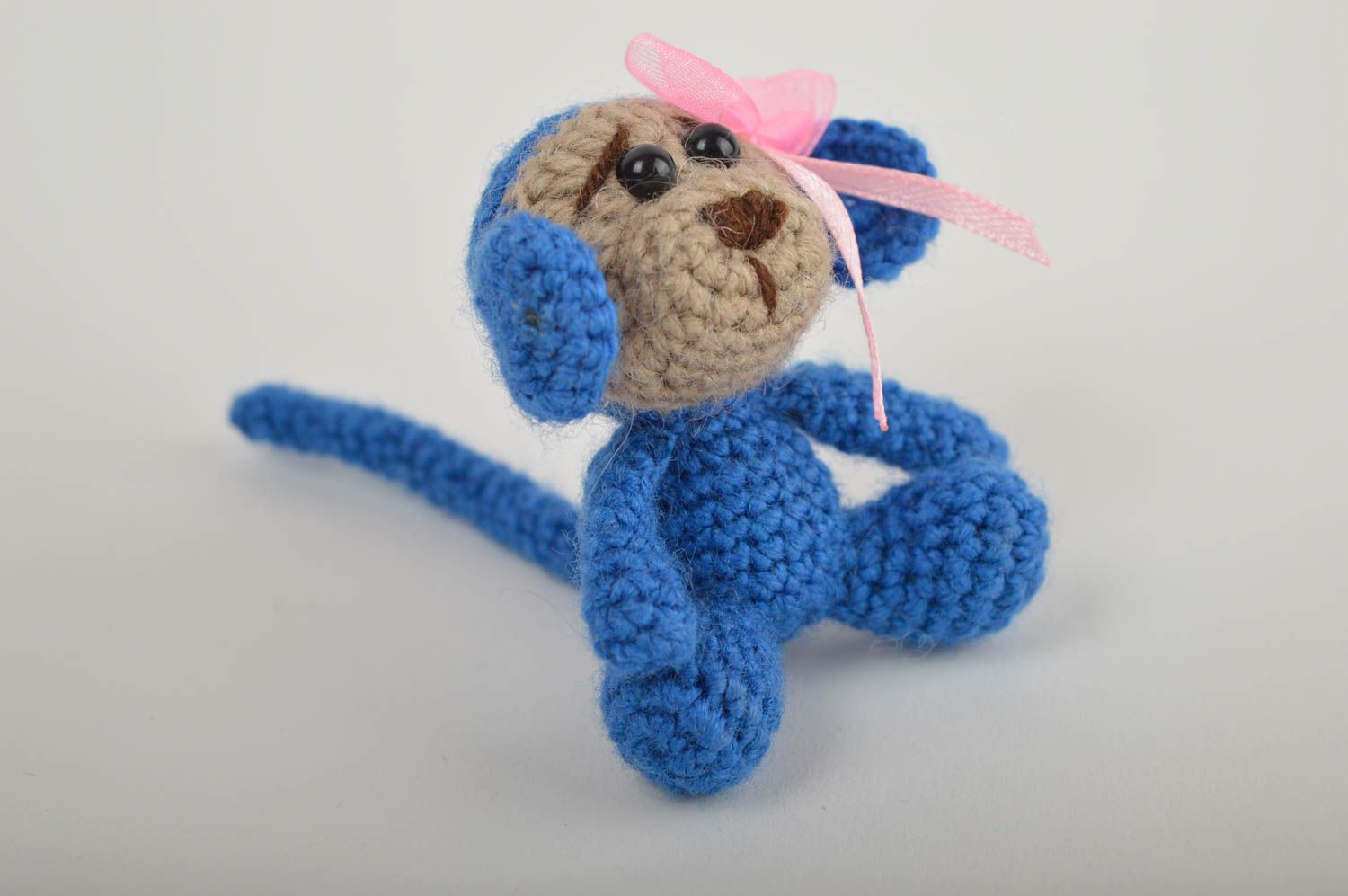 Knitted stuffed blue little monkey girl. 3,5 inches tall photo 2
