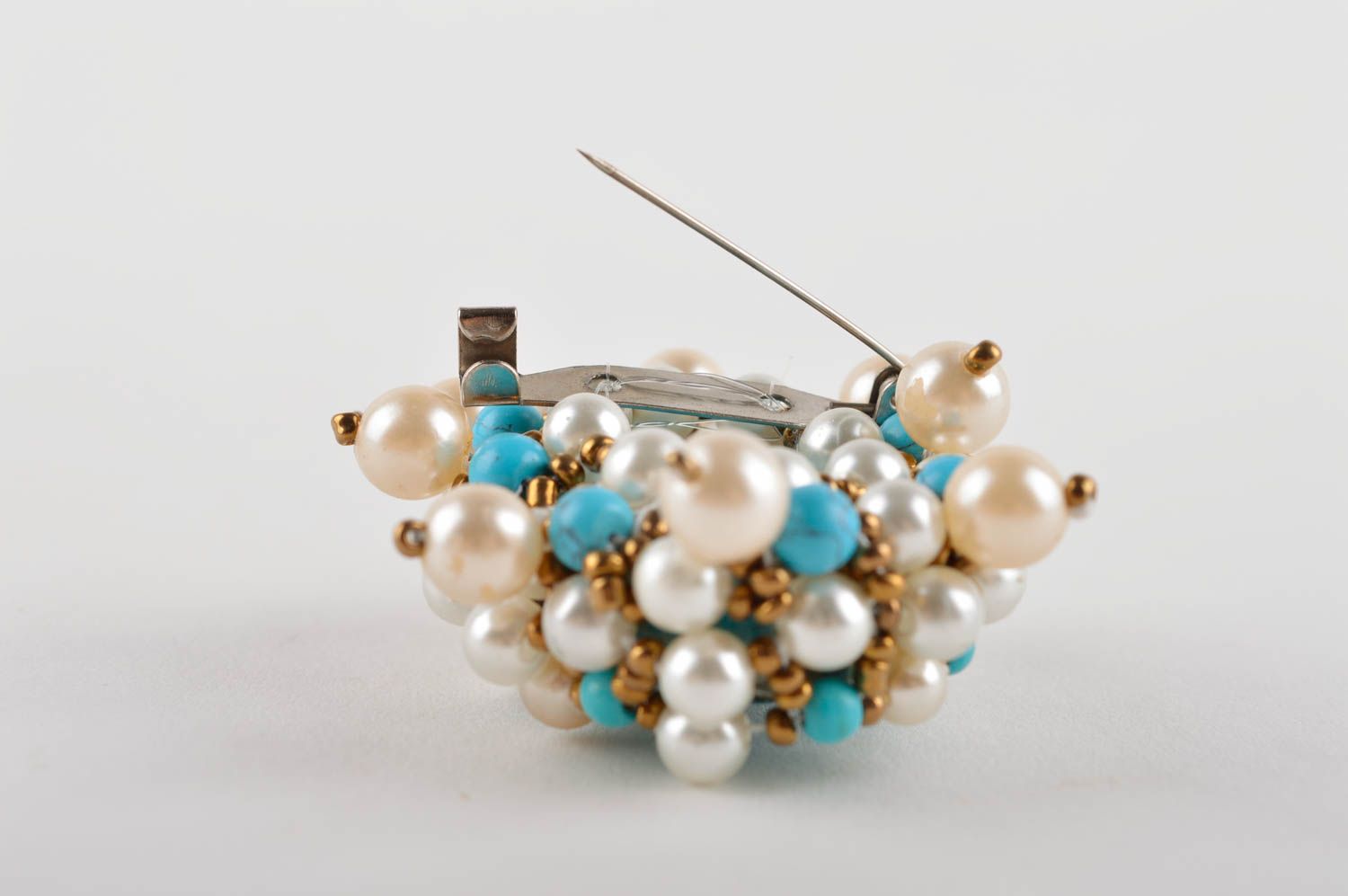Broche fantaisie Bijou fait main ovale turquoise perles de rocaille Cadeau femme photo 5