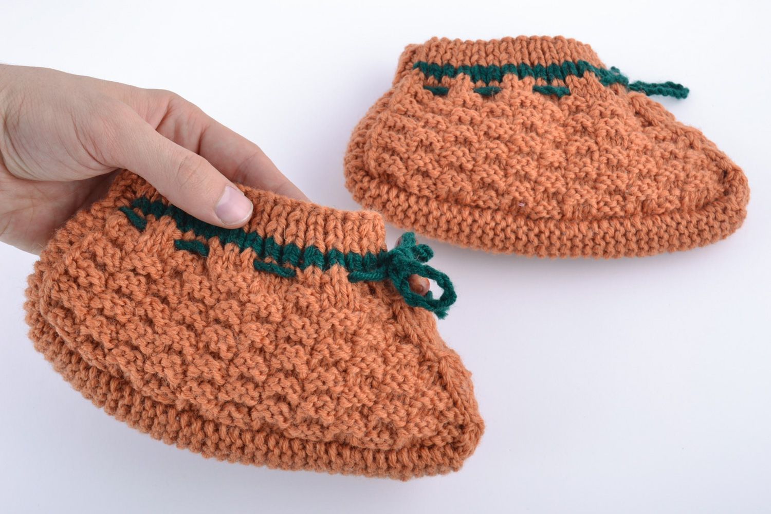Light brown handmade warm knitted slippers with ties photo 4