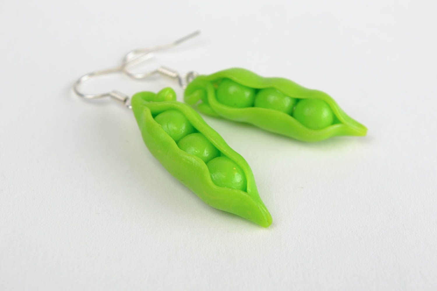 Unusual handmade polymer clay earrings of lime color Pea Pods photo 3