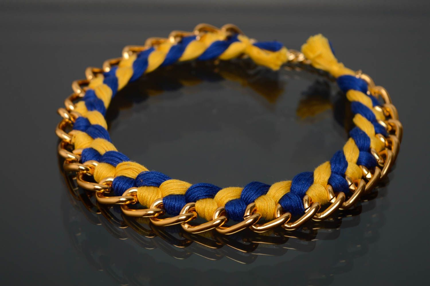 Bright blue and yellow moulin thread necklace with chain photo 1