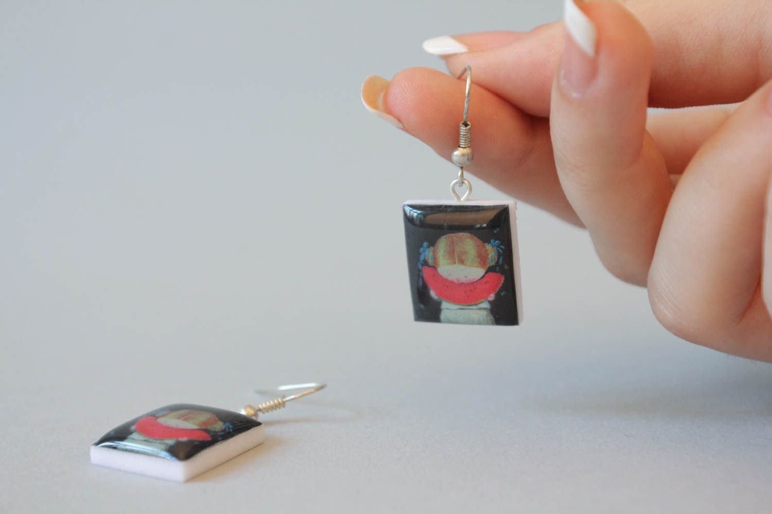 Polymer clay and jewelry resin earrings A girl with watermelon photo 5