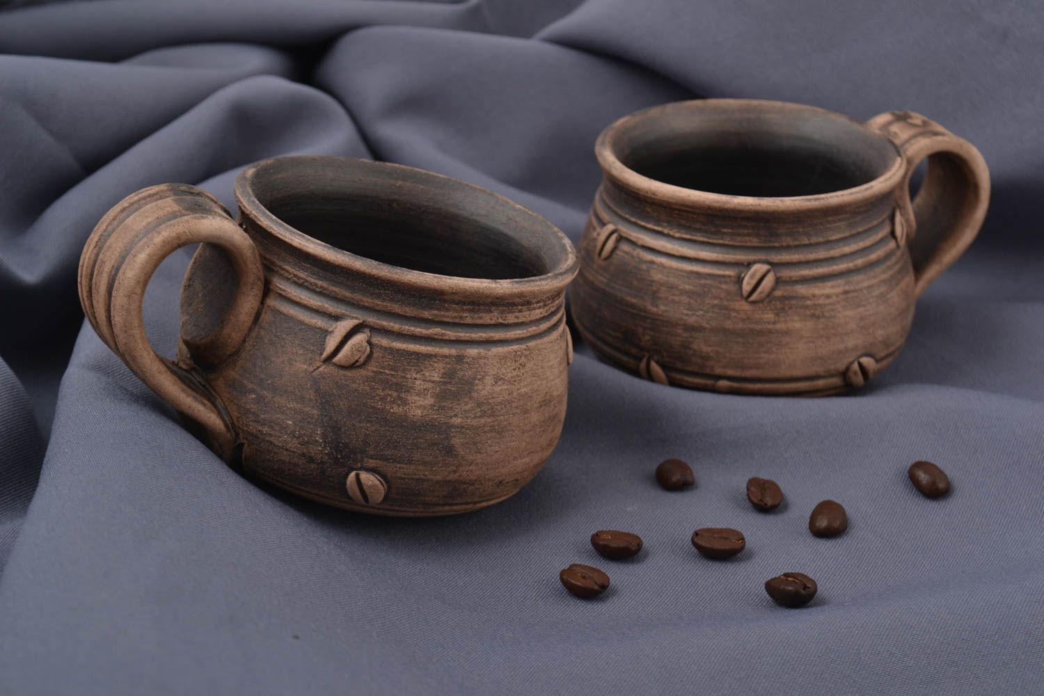 3,3 oz 2 two clay coffee expresso cups with handle and beans pattern 0,75 lb photo 1