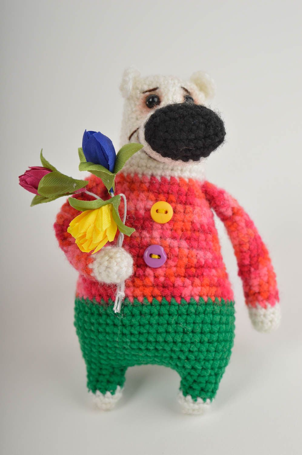 Jouet ours avec bouquet Peluche faite main tricotée Cadeau pour enfant photo 2