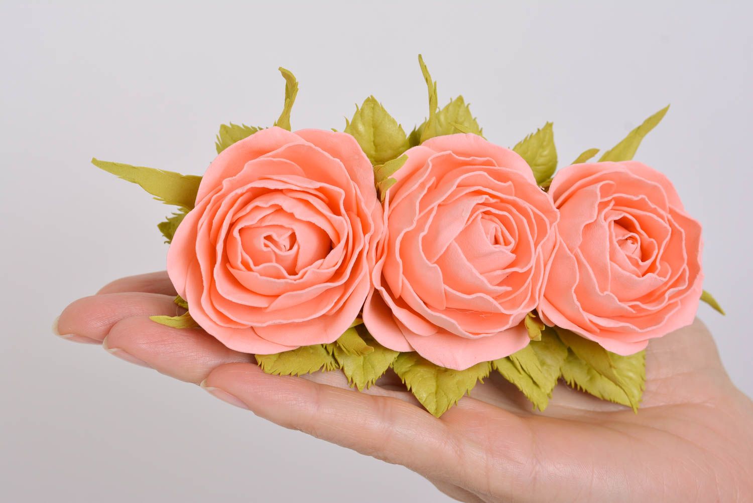 Handmade designer hair clip with foamiran rose flowers on metal clip basis photo 4