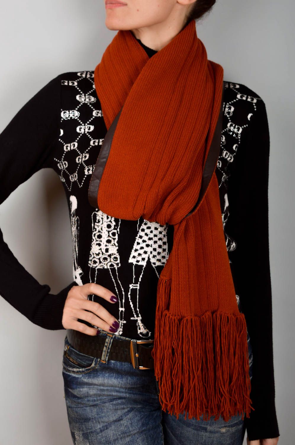 Шарф ручной работы оранжевый шарф на шею стильный теплый женский шарф длинный фото 4